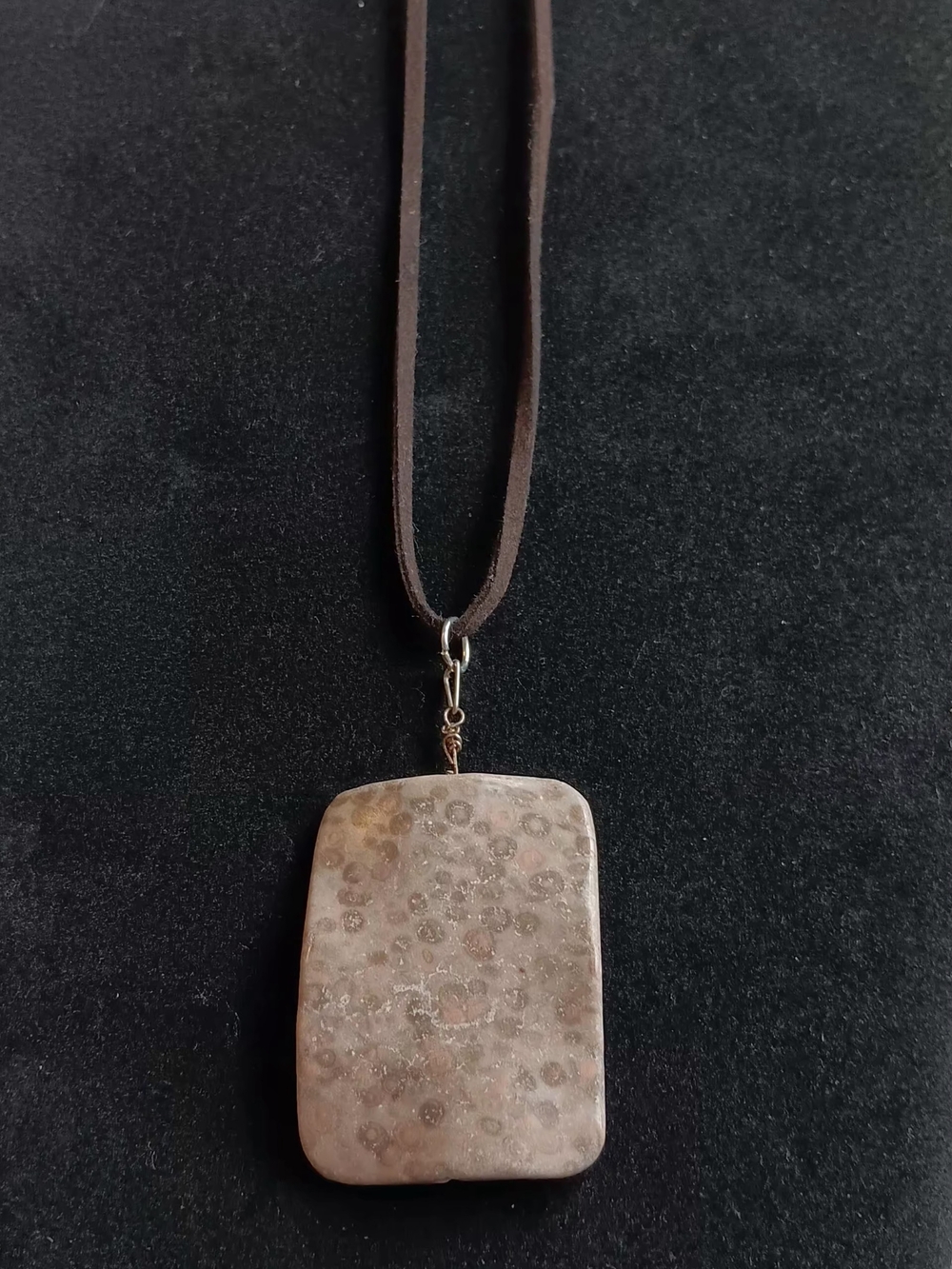 Rectangular Fossil Stone Pendant Necklace in Beige and Brown